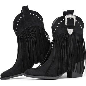 Hawkwell Women Black Fringe Cowgirl Snip Toe Pull On Dress Western Ankle Booties